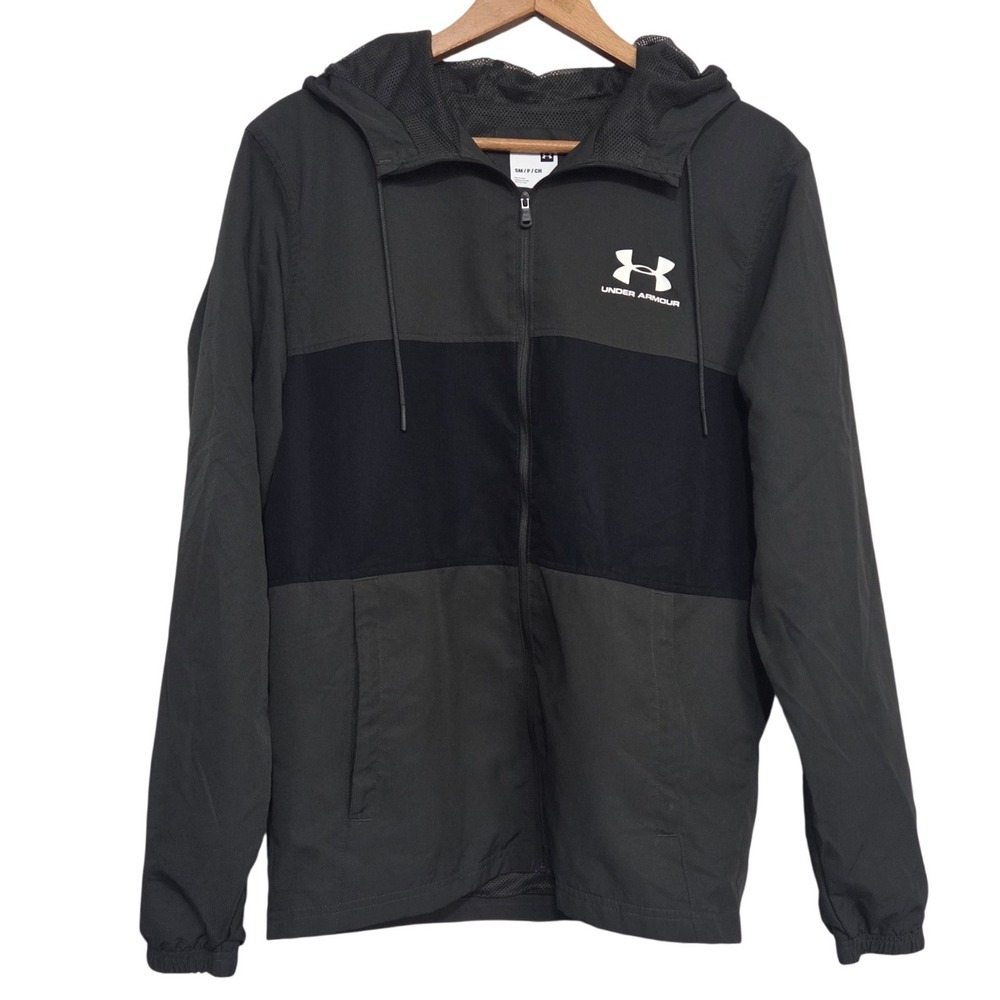 Under Armour Mens Windbreaker Jacket Green Black Colorblock Zip Hooded Size S